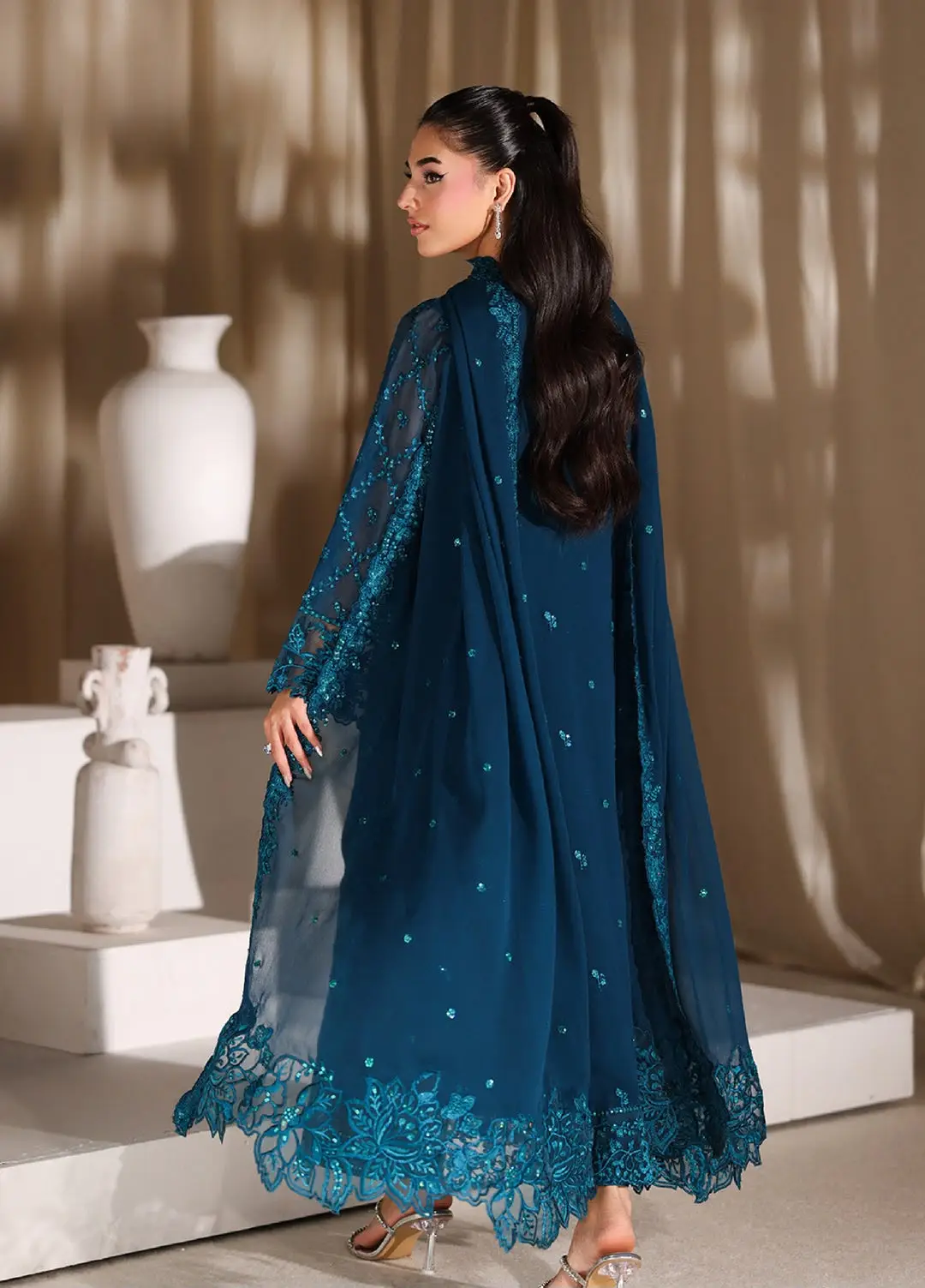 Chiffon azure clothing fully heavy embroidered dupatta with 04 sides cut work - oye ji Fully heavy embroidered chiffon front
