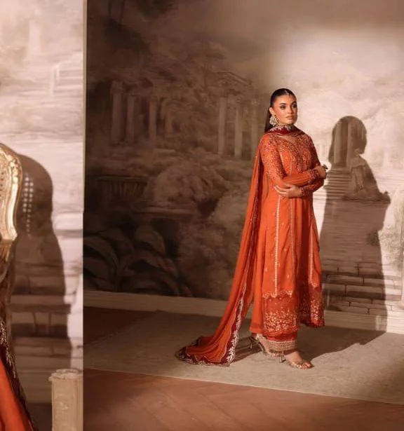 Azure clothing sale luxury rust orange embroidered chiffon unstitched suit oYe Ji