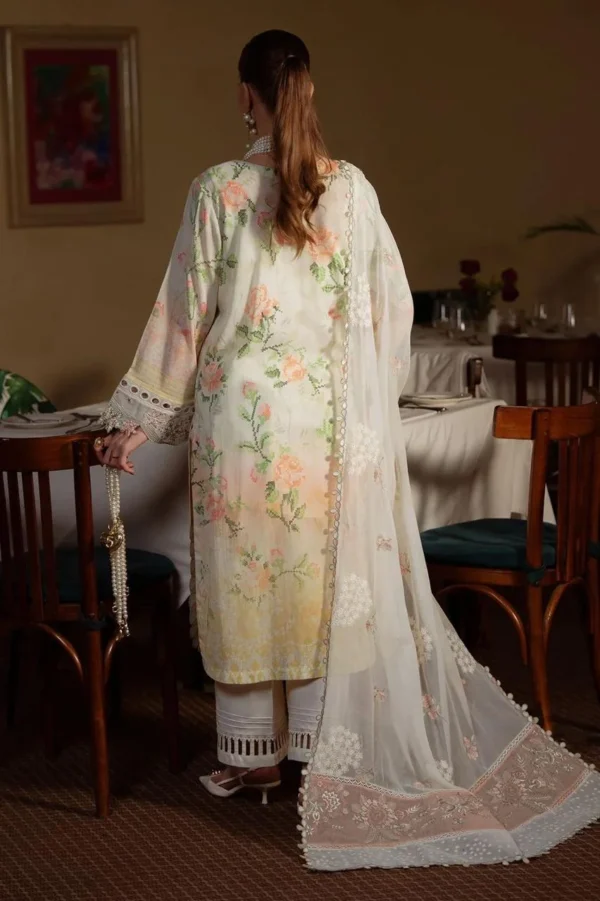 Nureh brand ivory printed lawn suit side profile pose chiffon dupatta oYe Ji