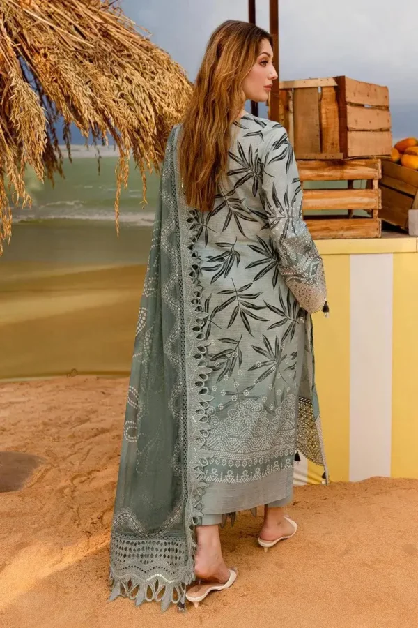 nureh luxury collection sage green printed lawn suit side profile pose chiffon dupatta oYe Ji