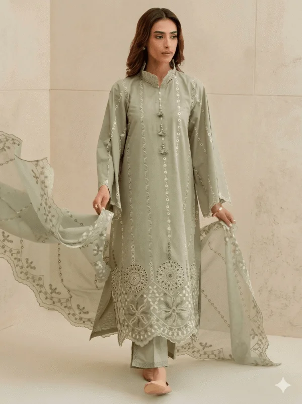 cross stitch embroidery sage green luxury unstitched lawn suit